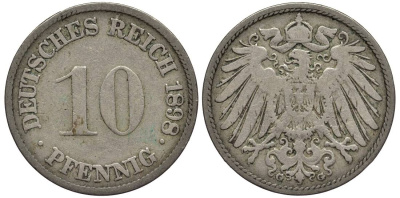 Германия 10 пфеннигов 1898 G KM 12, Jager 13, Weege 8 медно-никель 219-315