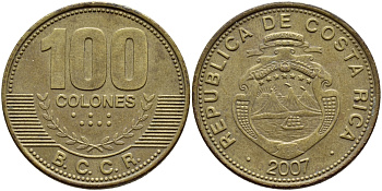 КОСТА-РИКА 100 КОЛОН 2007 B.C.C.R. KM 240а сталь плакированная латунью 59-425