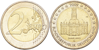 ФРГ 2 евро 2009 G, серия Федеральные земли, Саарланд, церковь Святого Людвига в Саарбрюккене KM 276 биметалл UNC 4111-821