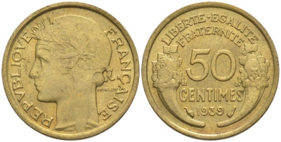 ФРАНЦИЯ 50 САНТИМОВ 1939 ТИП MORLON KM 894.1, LE FRANC 192.15 алюминиевая бронза 44-767