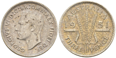 Австралия 3 пенса 1951 m, Георг VI (1937-1952) KM 44 серебро 4115-158