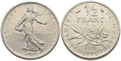 Франция 1/2 франка 1965 сеятель KM 931, Le Franc 198.3 никель 175-924