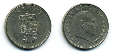 ДАНИЯ 1 КРОНА 1964 C; S, ФРЕДЕРИК IX (1947-1972) KM 851.1 медно-никель 56-425