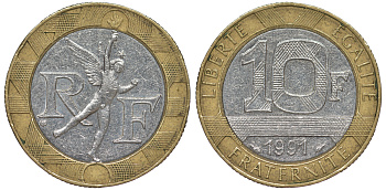 Франция 10 франков 1991 тип гений Бастилии KM 964.1, Le Frank 375.6 биметалл 45-933