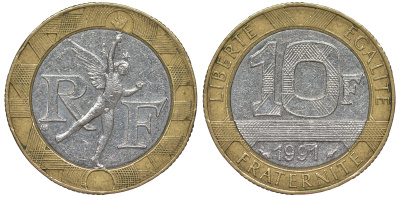 Франция 10 франков 1991 тип гений Бастилии KM 964.1, Le Frank 375.6 биметалл 45-933