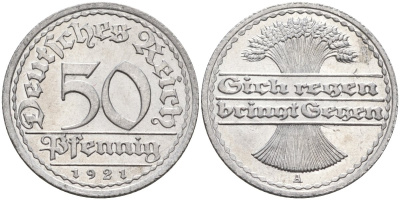Германия 50 пфеннигов 1921 A KM 27, J.301, Weege 10 алюминий UNC 4584-836
