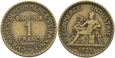 Франция 1 франк 1922 KM 876 алюминиевая бронза 4143-531