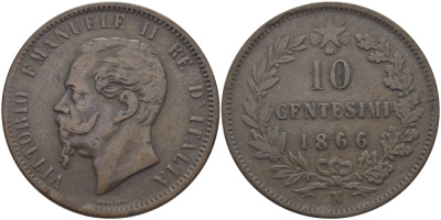 ИТАЛИЯ 10 ЧЕНТЕЗИМО 1866 N, ВИКТОР ЭММАНУИЛ II (1861-1878) KM 11.4 медь 97-1016