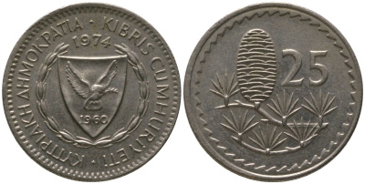 Кипр 25 милей 1974 KM 40 медно-никель 4567-662