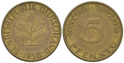 ФРГ 5 пфеннигов 1950 G KM 107, J.382 сталь плакированная латунью 4651-1119