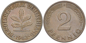 ФРГ 2 ПФЕННИГА 1962 F KM 106, J. 381 бронза 4181-729