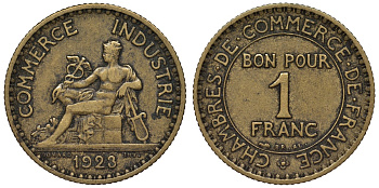 Франция 1 франк 1923 тип Chambres de Commerce KM 876, Le Franc 218.5 алюминиевая бронза 4128-314