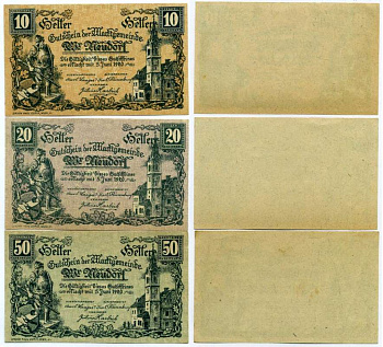 Австрия, Нойдорф набор из 3 банкнот 10, 20, 50 геллеров 1920 5 июня 1920, нотгельд, земля Нижняя Австрия   бумага  UNC (пресс) 7555-27-3-2