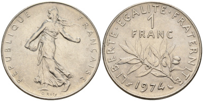 Франция 1 франк 1974 сеятель KM 925.1 никель    UNC  4603-125