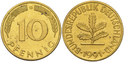 ФРГ 10 пфеннигов 1991 G KM 108, J. 383 сталь плакированная латунью 4175-1141