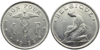 БЕЛЬГИЯ 1 ФРАНК 1934 BELGIQUE KM 89 никель 4393-937