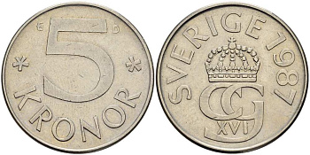 Швеция 5 крон 1987 D, Карл XVI Густав (1973- ) KM 853 медно-никель 4517-524