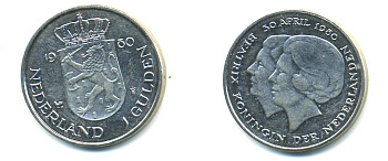 Нидерланды 1 гульден 1980 на коронацию Беатрикс, 30 апреля 1980 KM 200 никель 83-825