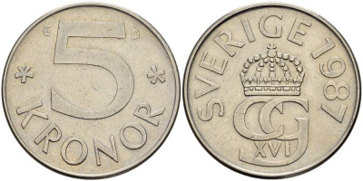 Швеция 5 крон 1987 D, Карл XVI Густав (1973- ) KM 853 медно-никель 4517-524