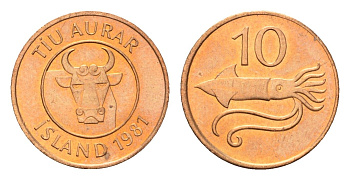 Исландия 10 эйре 1981 год-тип KM 25 бронза UNC 4685-536