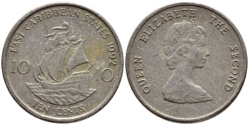 Восточно-Карибские штаты 10 центов 1992 Елизавета II (1952-2022), парусник KM 13 медно-никель 4396-622