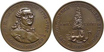 Норвегия медаль 1965 ВАЛЬДЕМАР ГЕРМАН фон ШМЕТТОУ (1719-1785), СОЮЗНИК, НОРВЕЖСКАЯ АКАДЕМИЯ НАУК ОСНОВАНА В 1760 годУ В ТРОНХЕЙМЕ, медальер H. RUI, диаметр 35 мм. бронза 4552-212