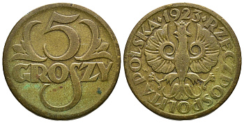 ПОЛЬША 5 ГРОШЕЙ 1923 KM 10 латунь 54-943