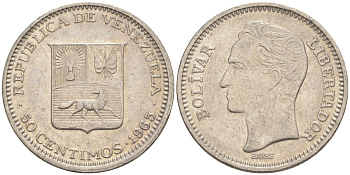 Венесуэла 50 сентимо 1965 Симон Боливар KM 41, Schon 51 никель 186-824