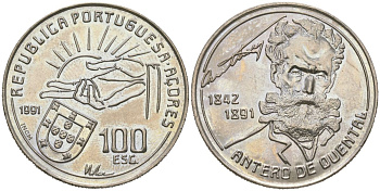 Португалия, Азорские острова 100 эскудо 1991 100 лет со дня смерти Антеру де КенталАвтономный регион Асориш,  KM 46 медно-никель  UNC   4157-332