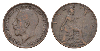 Великобритания 1 фартинг 1911 Георг V (1910-1936) KM 808.1, Spink 4059 бронза 4651-1159