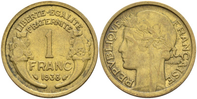 Франция 1 франк 1938 KM 885, Le Franc 219.2 алюминиевая бронза 4142-845