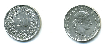 Швейцария 20 раппенов 1962 B KM 29a медно-никель 29-421