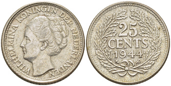 Нидерланды 25 центов 1944 Вильгельмина (1890-1948) KM 164 серебро aUNC 66-1155