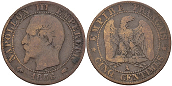 ФРАНЦИЯ 5 САНТИМОВ 1956 А, НАПОЛЕОН III (1852-1870) KM 777.1, LA FRANC 116.30 бронза 28-631