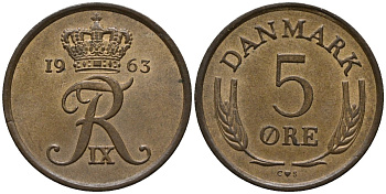 Дания 5 эре 1963 Фредерик IX (1947-1972) KM 848 бронза 4577-741