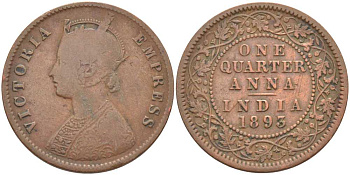 Британская Индия 1/4 анна 1893 Виктория (1837-1901), имперская чеканка KM 486 медь 119-214