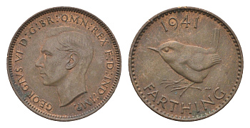 Великобритания 1 фартинг 1941 Георг VI (1936-1952) KM 843, Spink 4116 бронза 4664-336