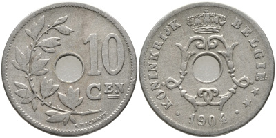 БЕЛЬГИЯ 10 САНТИМОВ 1904 BELGIE KM 53 медно-никель 3999-115