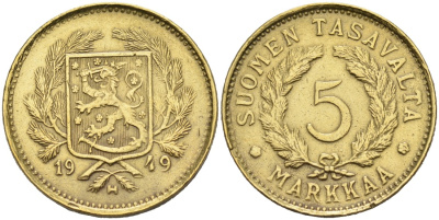 ФИНЛЯНДИЯ 5 МАРОК 1949 H KM 31a латунь 4563-357