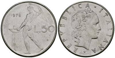 Италия 50 лир 1978 R, бог огня Вулкан у наковальни KM 95.1 нержавеющая сталь 4138-622
