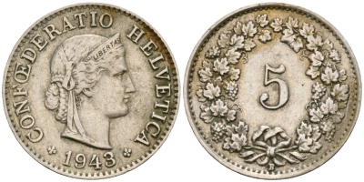 Швейцария 5 раппенов 1943 KM 26 медно-никель 4588-1221