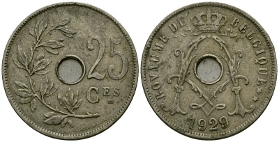Бельгия 25 сантимов 1929 Belgique KM 68 медно-никель 4165-623
