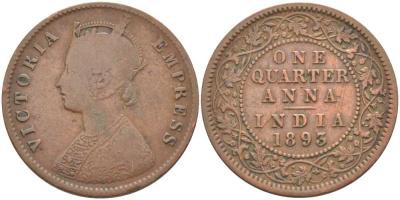 Британская Индия 1/4 анна 1893 Виктория (1837-1901), имперская чеканка KM 486 медь 119-214