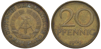 ГДР 20 пфеннигов 1969 А, первый год KM 11 латунь 62-1011