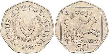 Кипр 50 центов 1996 похищение Европы KM 66 медно-никель    4595-947