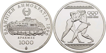 ГРЕЦИЯ 1000 ДРАХМ 1996 ОЛИМПИЙСКИЕ ИГРЫ В АФИНАХ, БОРЬБА KM 166 серебро PROOF 1078-1-44