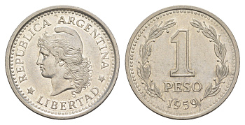 Аргентина 1 песо 1959 KM 57 сталь плакированная никелем 4153-543