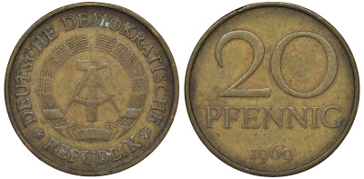 ГДР 20 пфеннигов 1969 А, первый год KM 11 латунь 62-1011