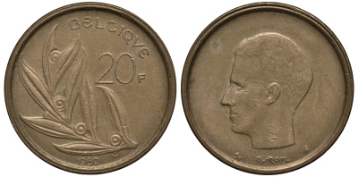 Бельгия 20 франков 1980 Belgique, Бодуэн I (1951-1993) KM 159 никель бронза 4182-633