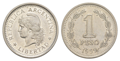 Аргентина 1 песо 1959 KM 57 сталь плакированная никелем 4153-543